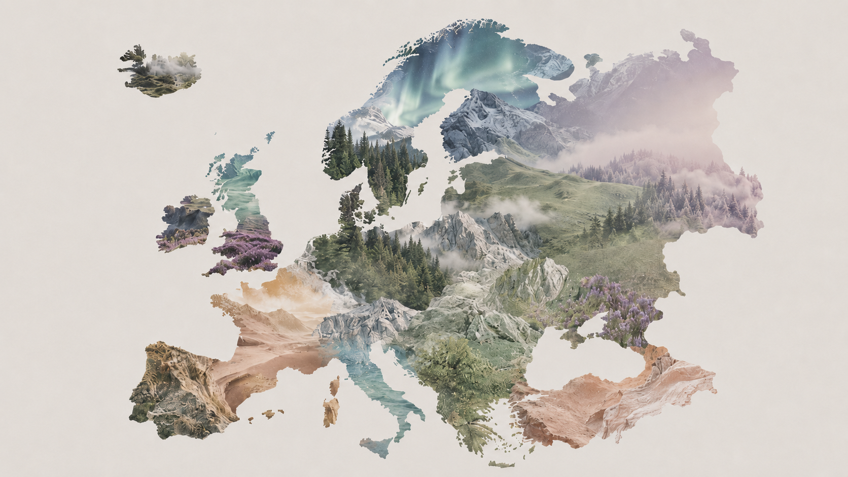 Europakarte als Naturcollage mit Landschaften – interaktive Stationen unserer Europareise