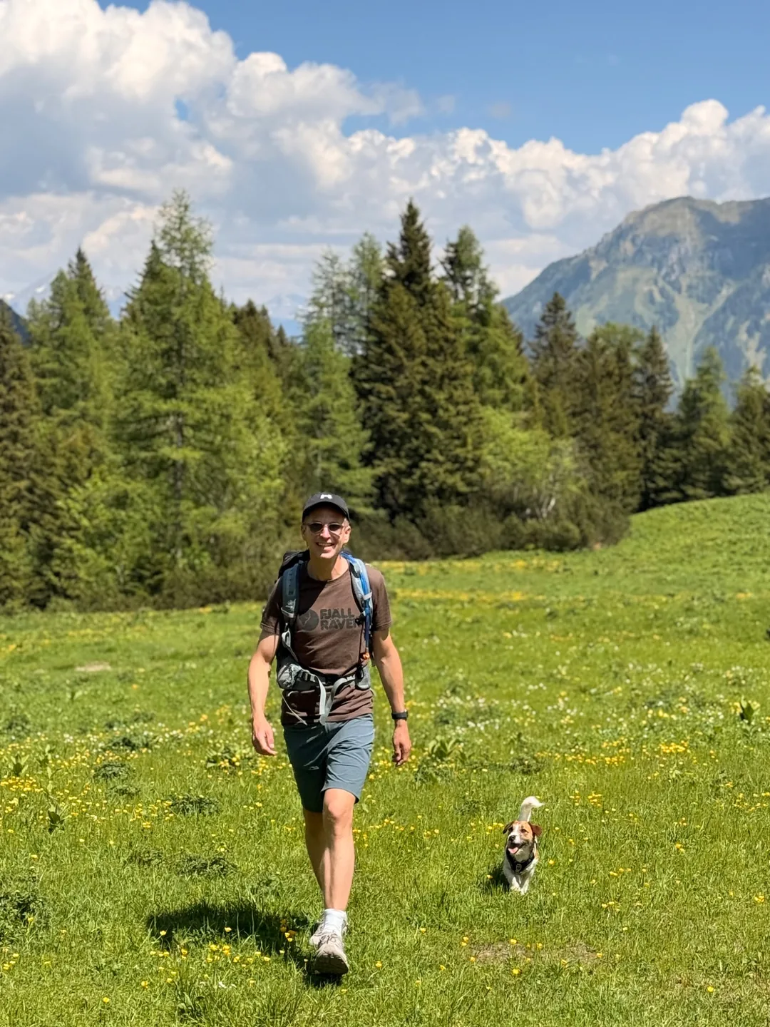 Ein Wanderer mit Hund auf einer grünen Bergwiese vor Wald und Bergen.