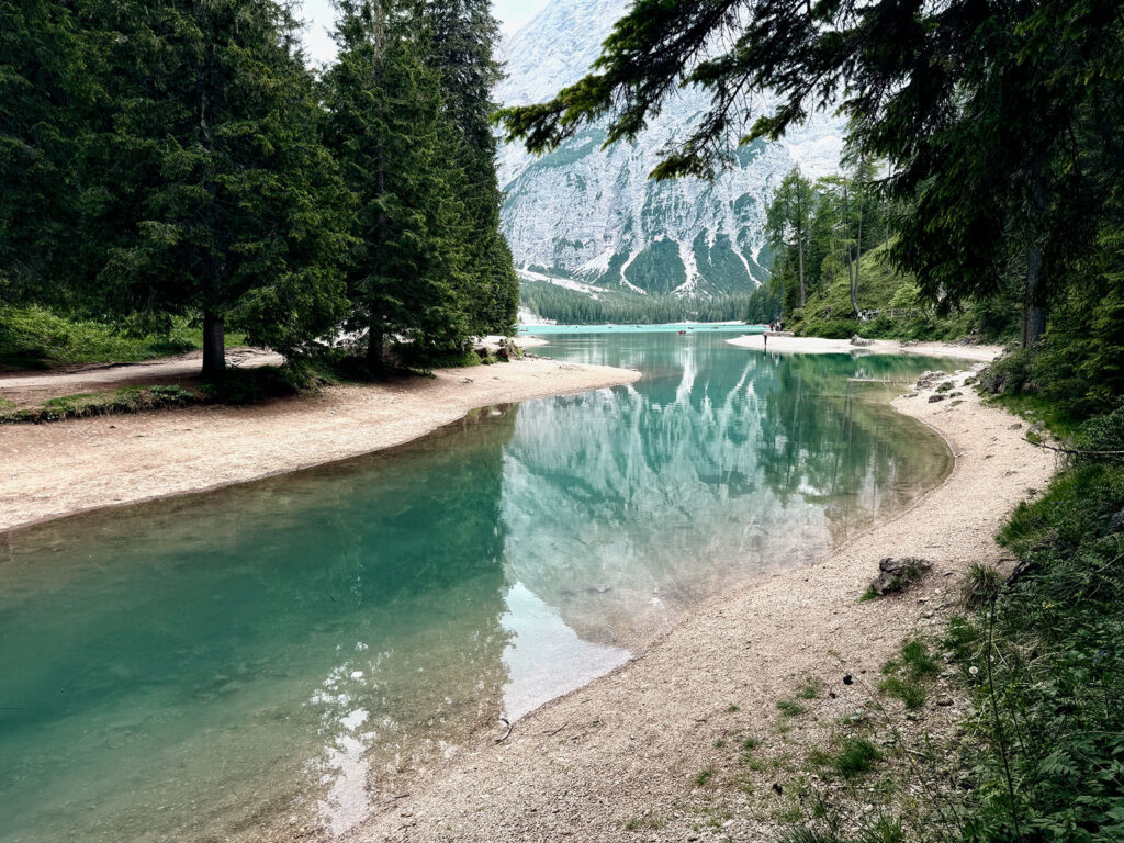 Türkisfarbene Bucht am Pragser Wildsee mit Kiesufer, Nadelbäumen und Bergkulisse.